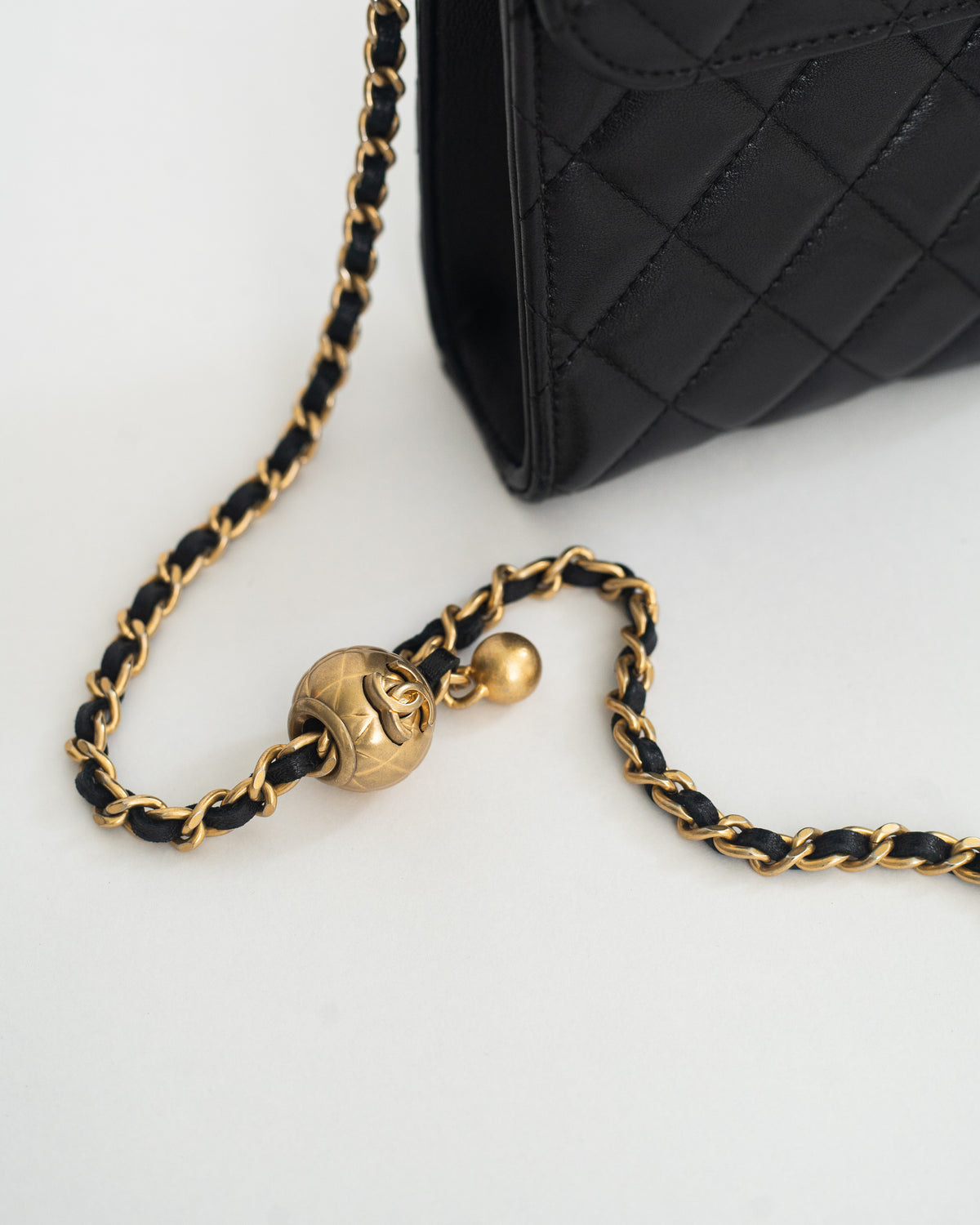 Chanel Phone Holder Pearl Crush in Black Lambskin Leather AGHW