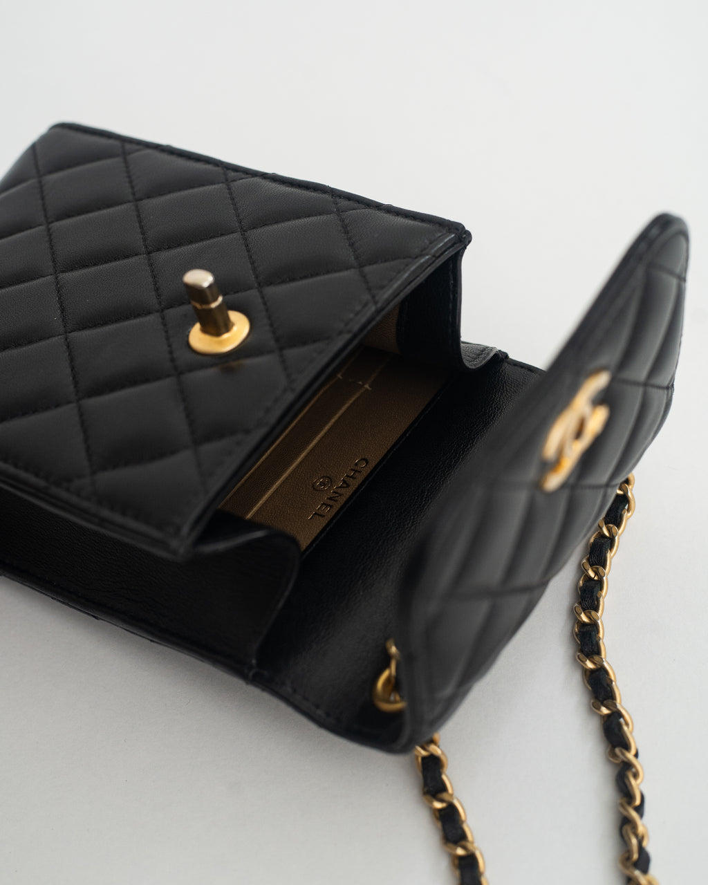 Chanel Phone Holder Pearl Crush in Black Lambskin Leather AGHW