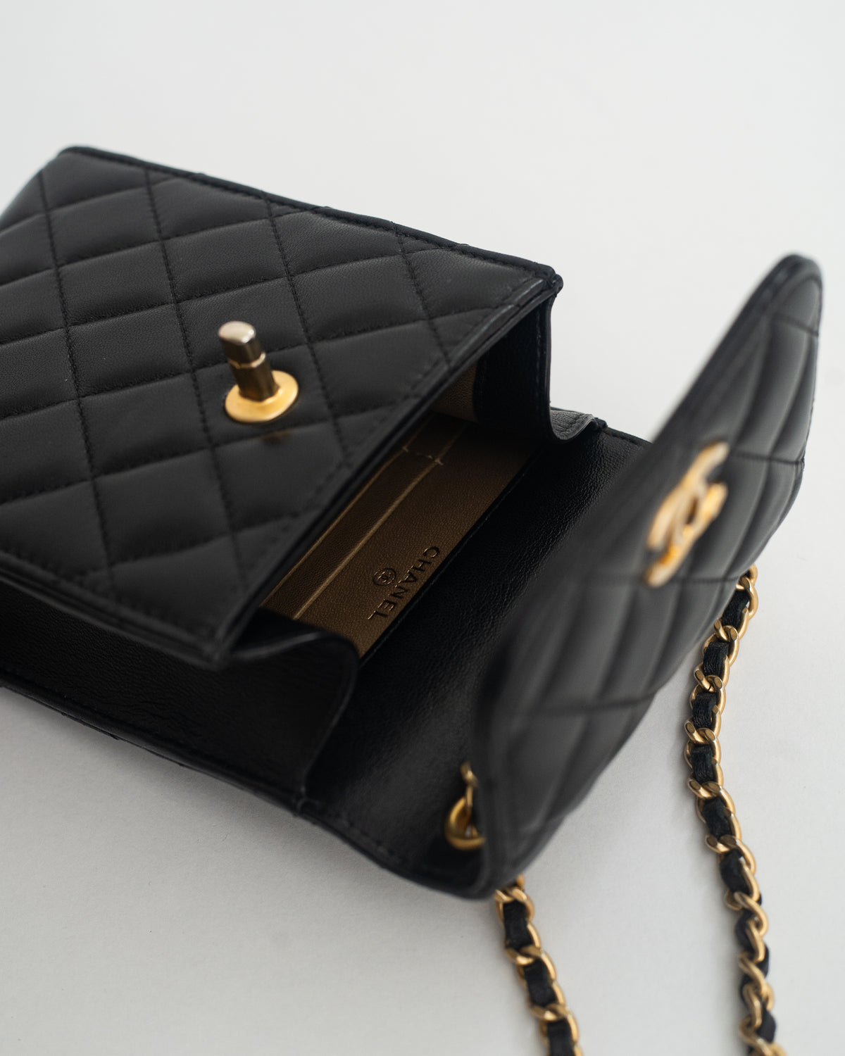 Chanel Phone Holder Pearl Crush in Black Lambskin Leather AGHW