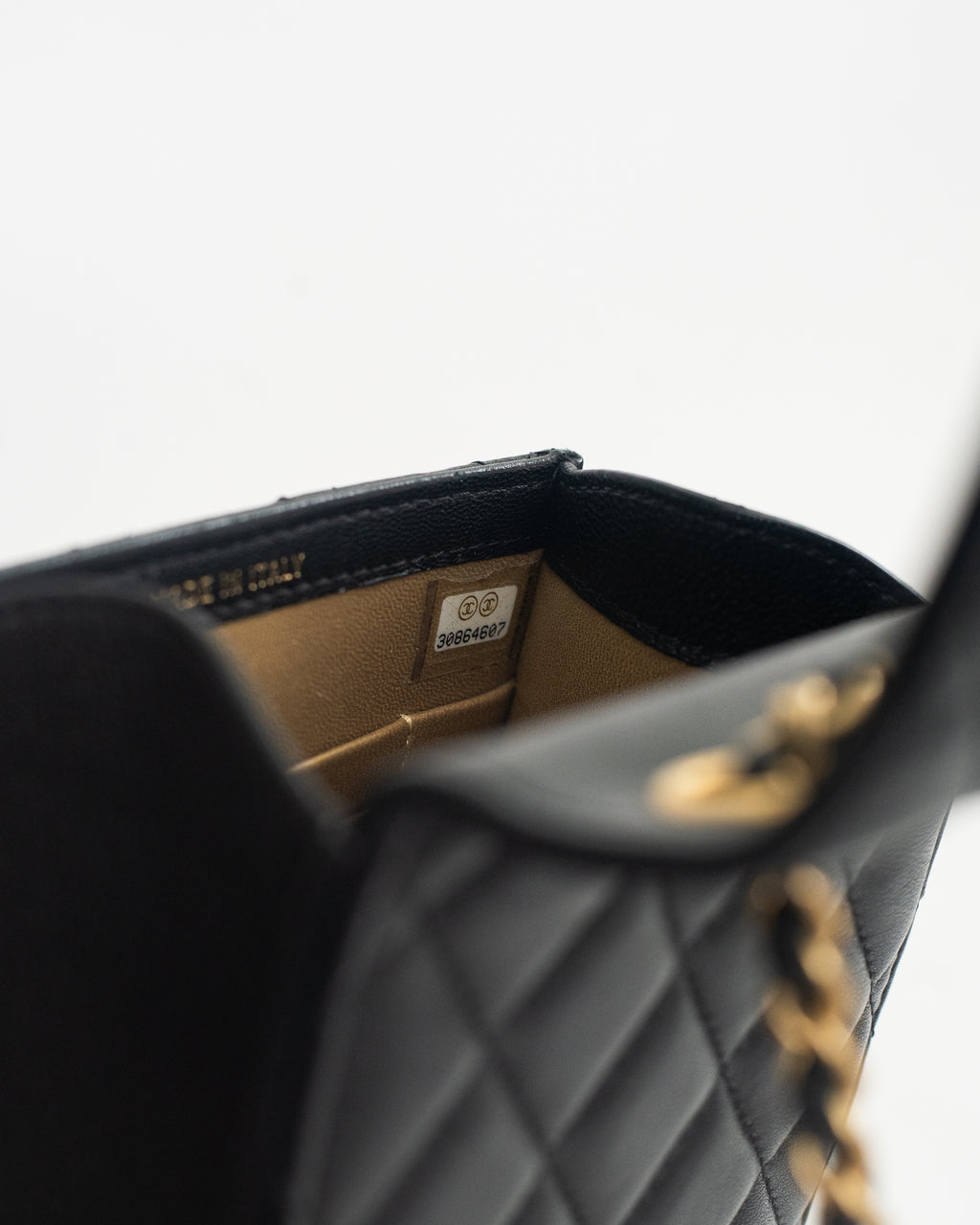 Chanel Phone Holder Pearl Crush in Black Lambskin Leather AGHW