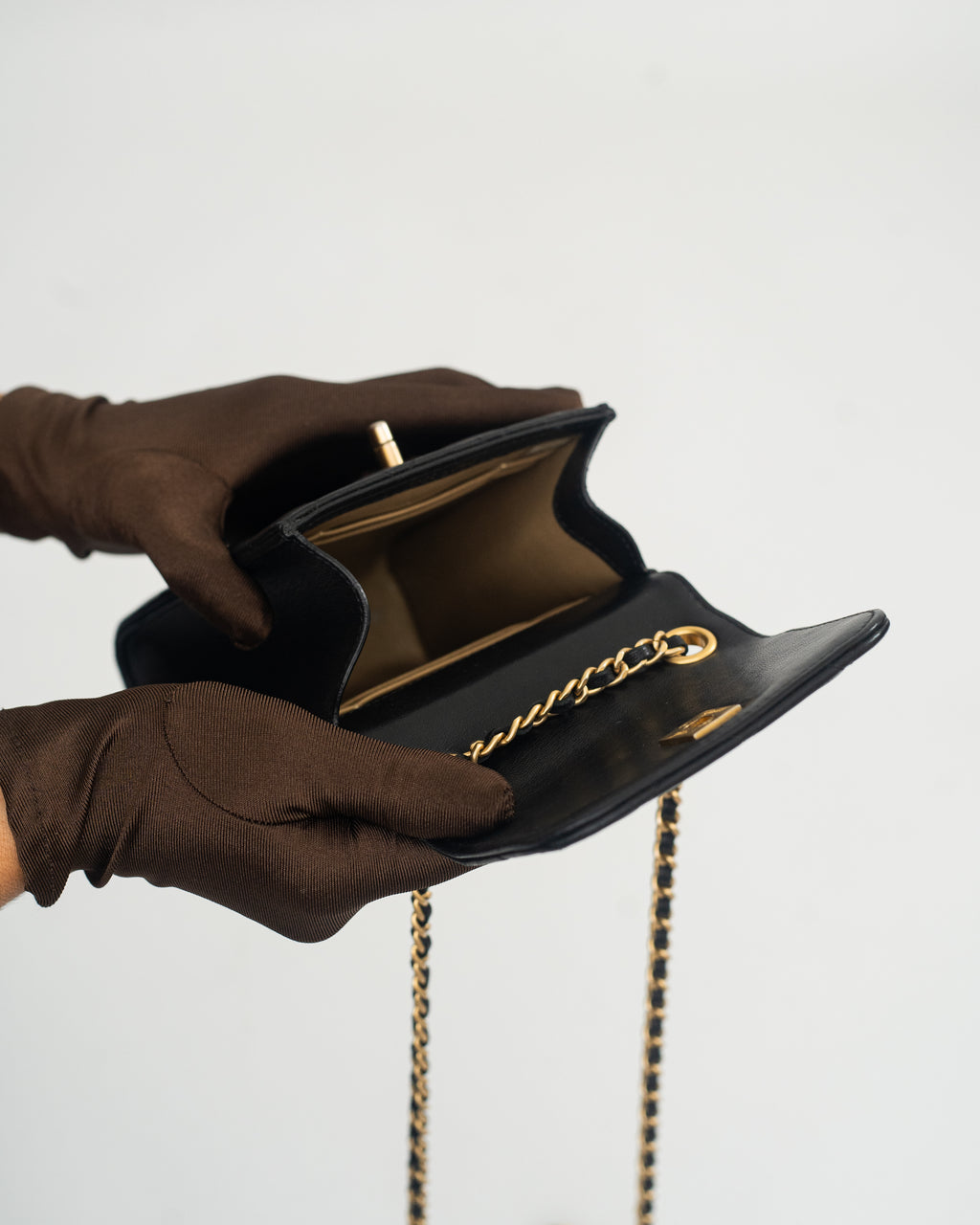Chanel Phone Holder Pearl Crush in Black Lambskin Leather AGHW
