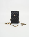Chanel Phone Holder Pearl Crush in Black Lambskin Leather AGHW