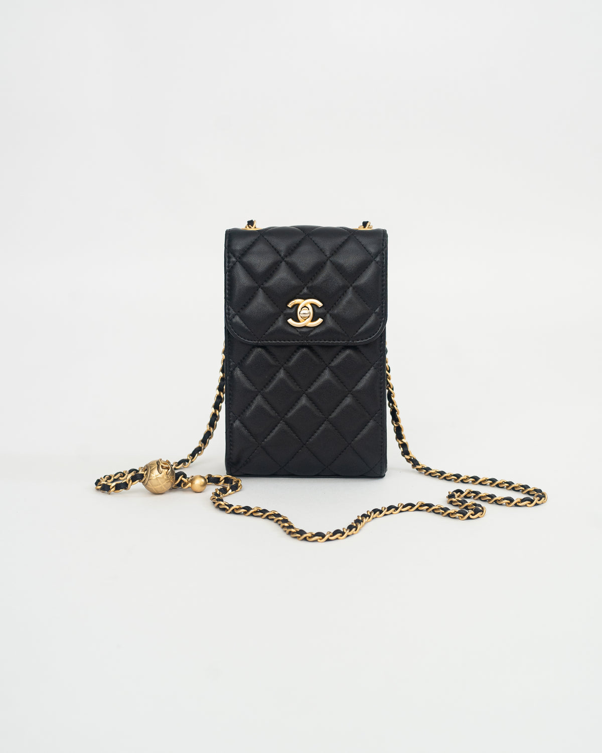 Chanel Phone Holder Pearl Crush in Black Lambskin Leather AGHW
