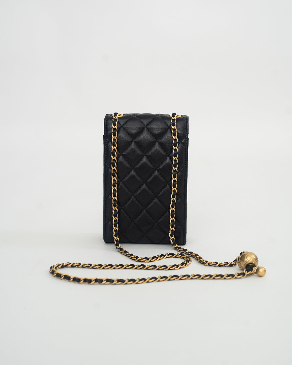Chanel Phone Holder Pearl Crush in Black Lambskin Leather AGHW