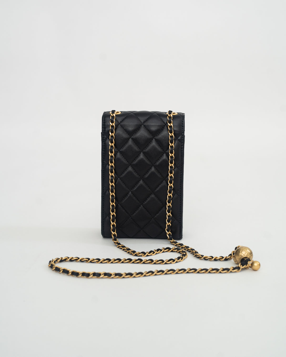 Chanel Phone Holder Pearl Crush in Black Lambskin Leather AGHW
