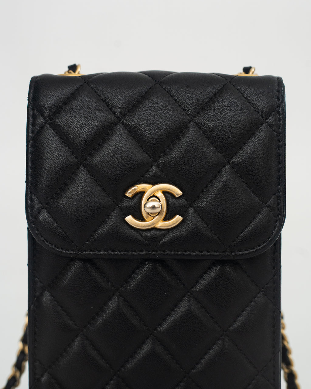 Chanel Phone Holder Pearl Crush in Black Lambskin Leather AGHW