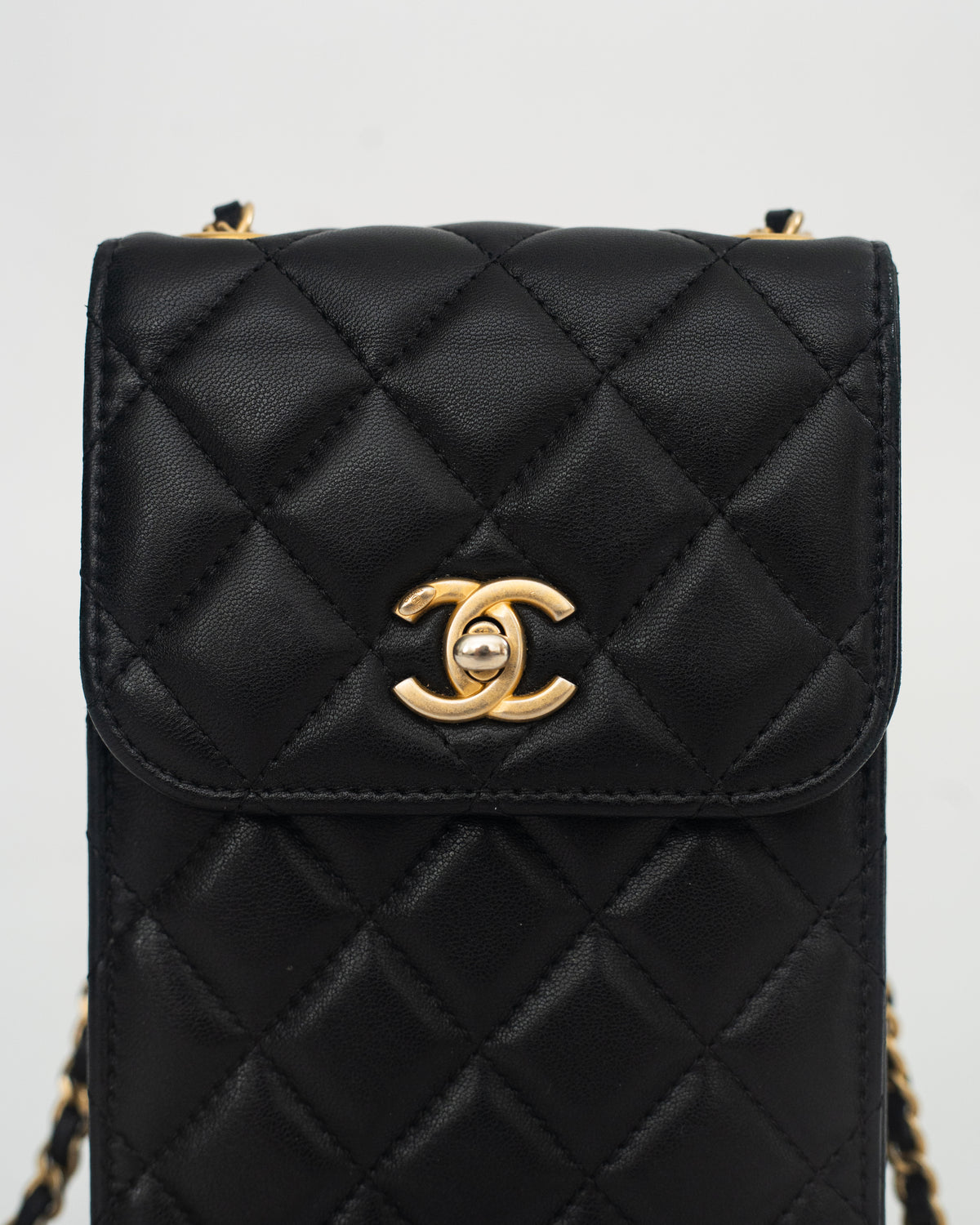 Chanel Phone Holder Pearl Crush in Black Lambskin Leather AGHW