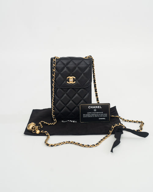 Chanel Phone Holder Pearl Crush in Black Lambskin Leather AGHW